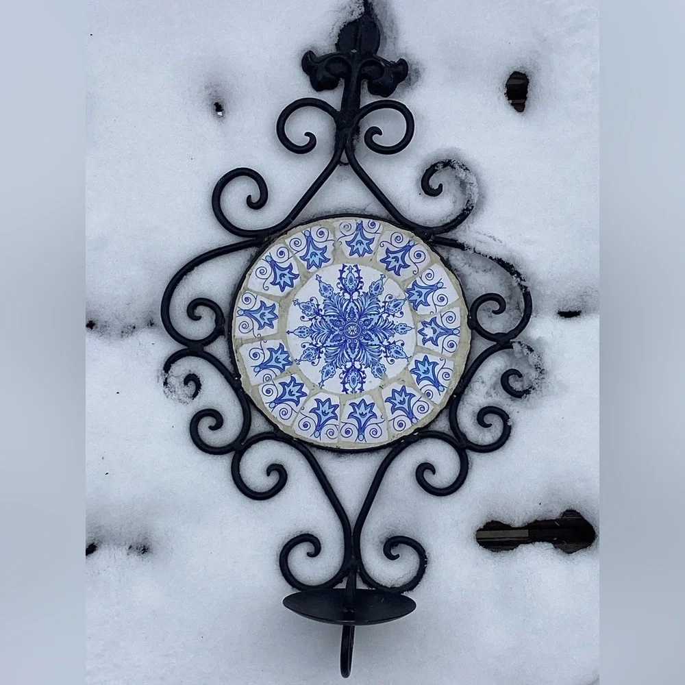 MOSAIC TUSCAN WROUGHT IRON WALL SCONCE Candle Tile VINTAGE Delft Blue